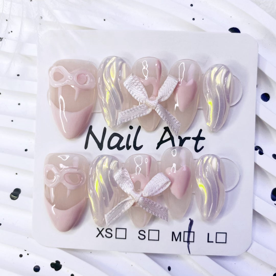 INS style Cute Pink Press on nail interactive French Almond Shape False Nails