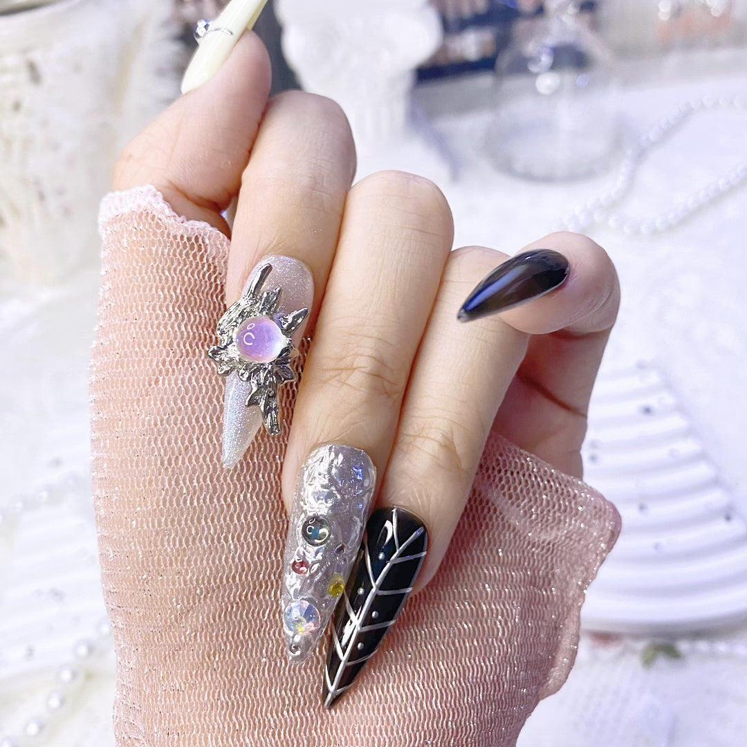 Spicy Long Stiletto Hand-Painted Press-On Nails | Grey Black White Handmade Metal Art Design