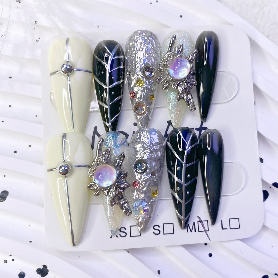 Spicy Long Stiletto Hand-Painted Press-On Nails | Grey Black White Handmade Metal Art Design