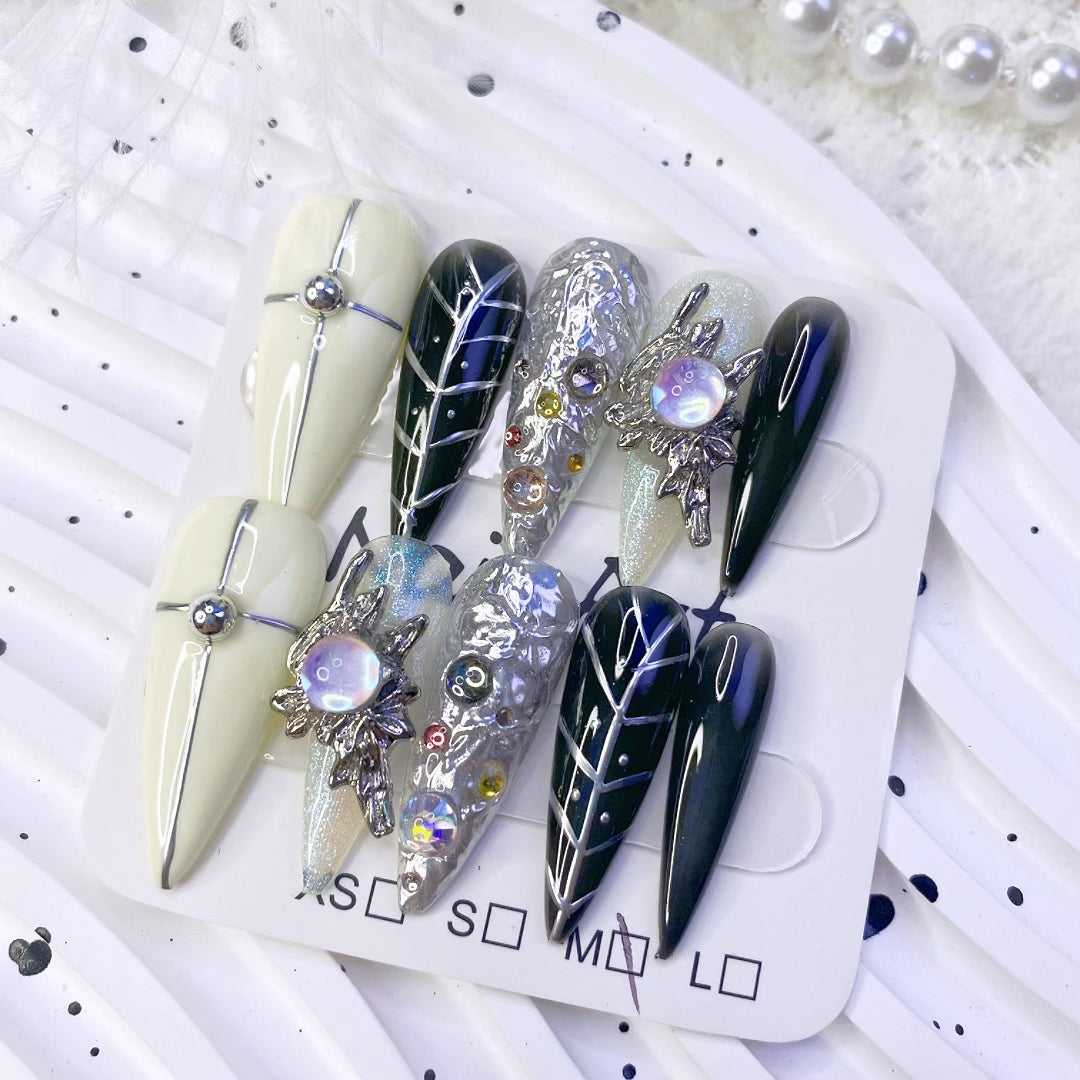 Spicy Long Stiletto Hand-Painted Press-On Nails | Grey Black White Handmade Metal Art Design