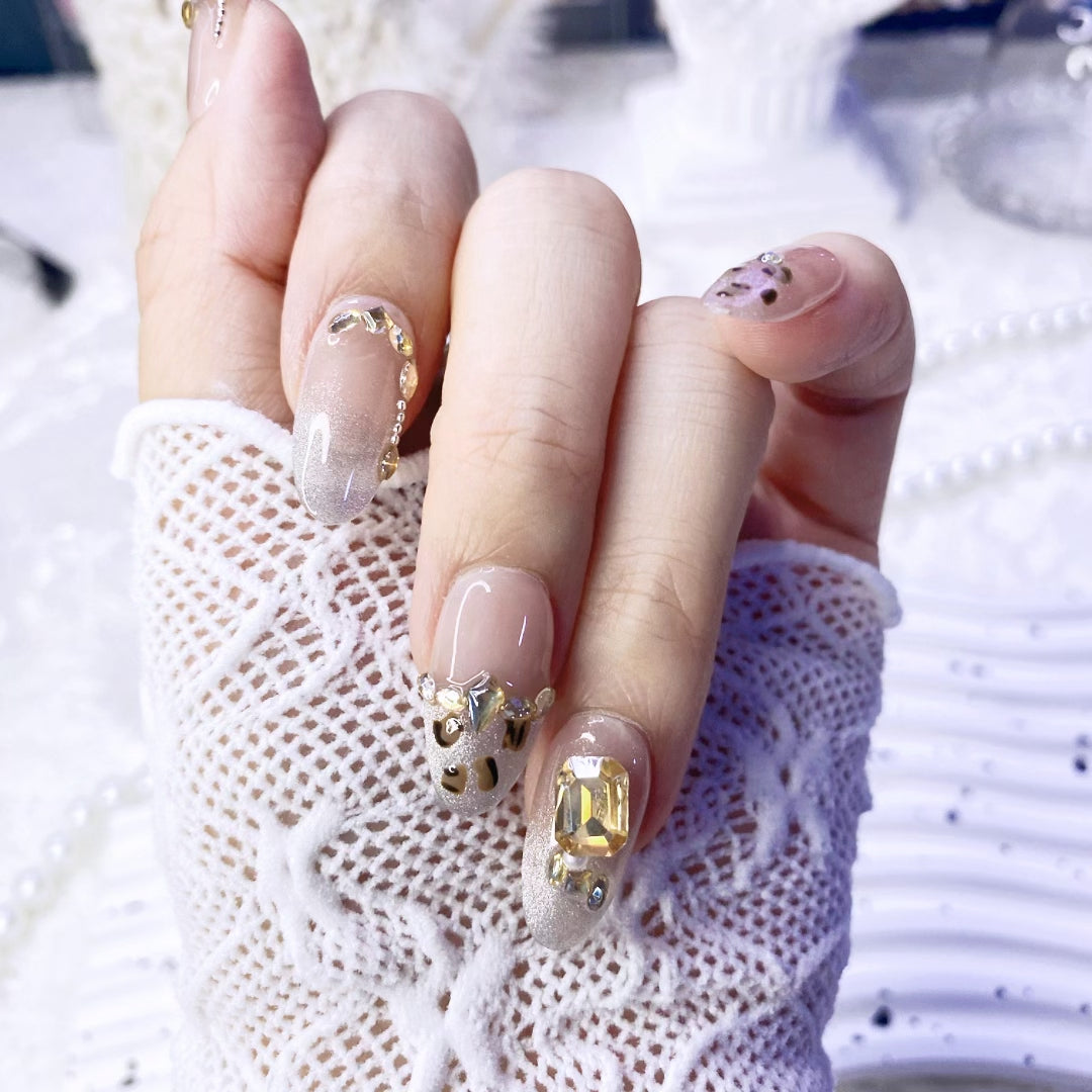 Sunset Glow Luxury Handmade Press-On Nails, Elegant Leopard Print Cat Eye Design, High-End Maillard Effect False Nails