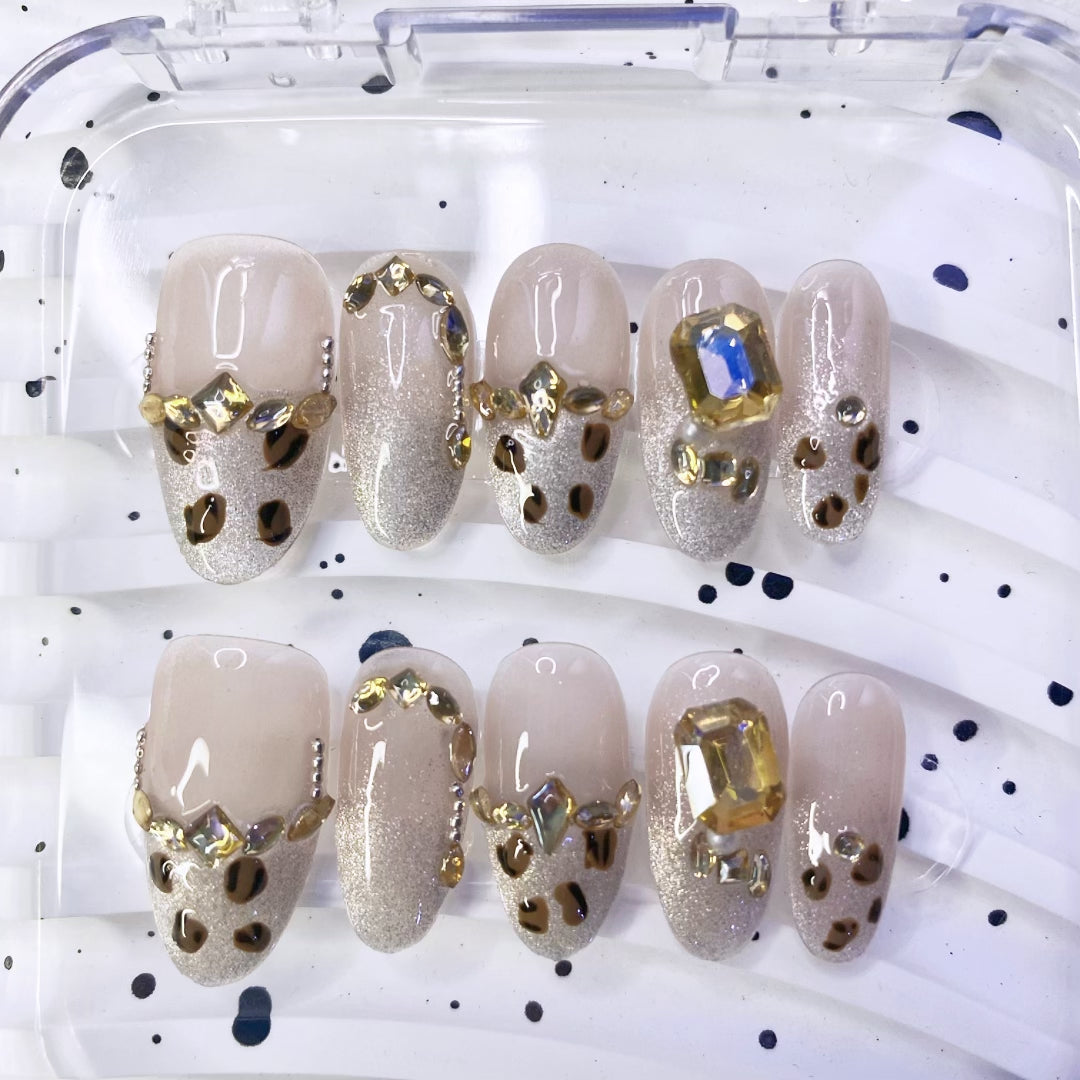 Sunset Glow Luxury Handmade Press-On Nails, Elegant Leopard Print Cat Eye Design, High-End Maillard Effect False Nails