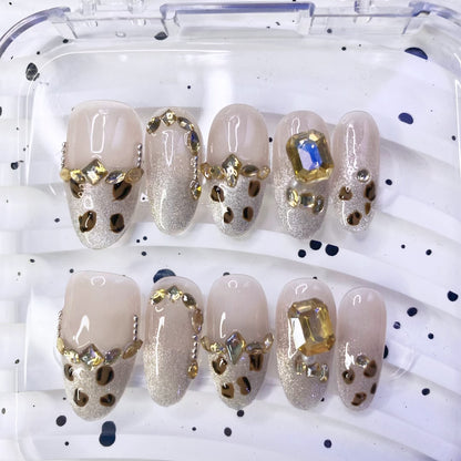 Sunset Glow Luxury Handmade Press-On Nails, Elegant Leopard Print Cat Eye Design, High-End Maillard Effect False Nails