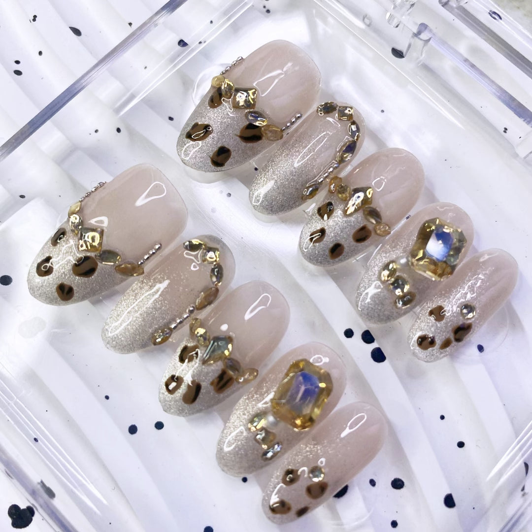 Sunset Glow Luxury Handmade Press-On Nails, Elegant Leopard Print Cat Eye Design, High-End Maillard Effect False Nails