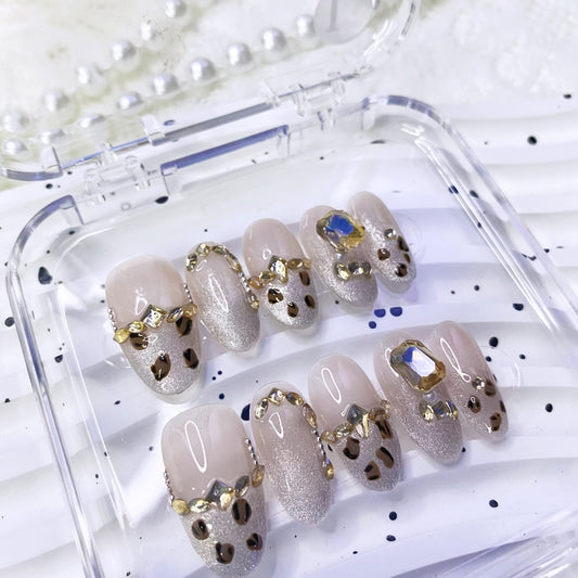 Sunset Glow Luxury Handmade Press-On Nails, Elegant Leopard Print Cat Eye Design, High-End Maillard Effect False Nails