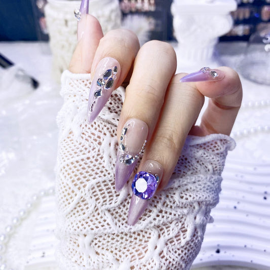Violet French Press-On Nails Handmade Butterfly Heart K9 Crystal Glam Design