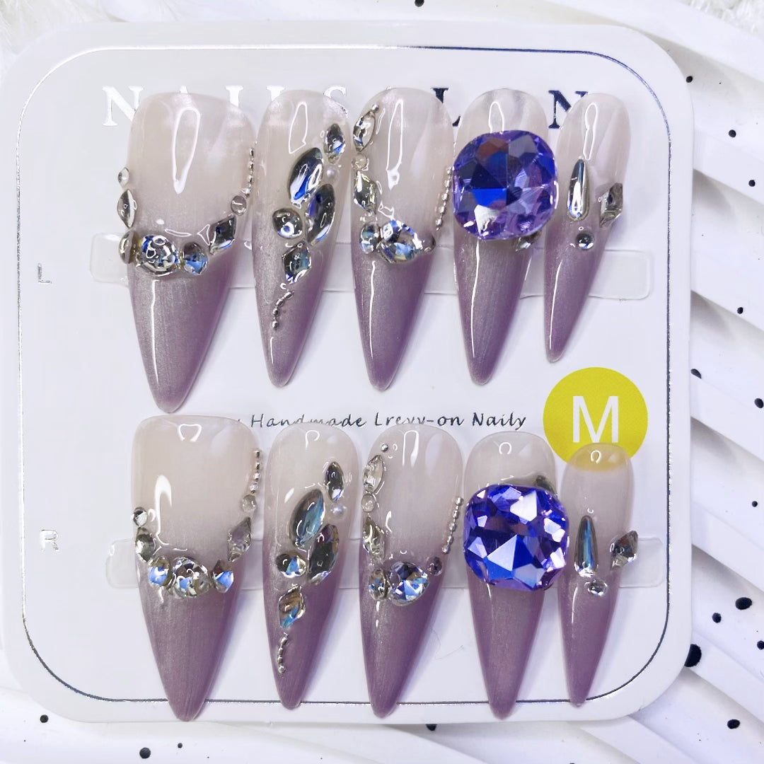 Violet French Press-On Nails Handmade Butterfly Heart K9 Crystal Glam Design