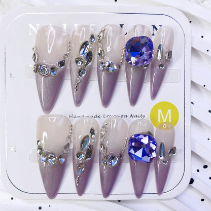 Violet French Press-On Nails Handmade Butterfly Heart K9 Crystal Glam Design
