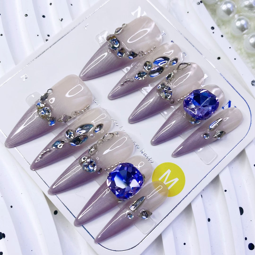 Violet French Press-On Nails Handmade Butterfly Heart K9 Crystal Glam Design