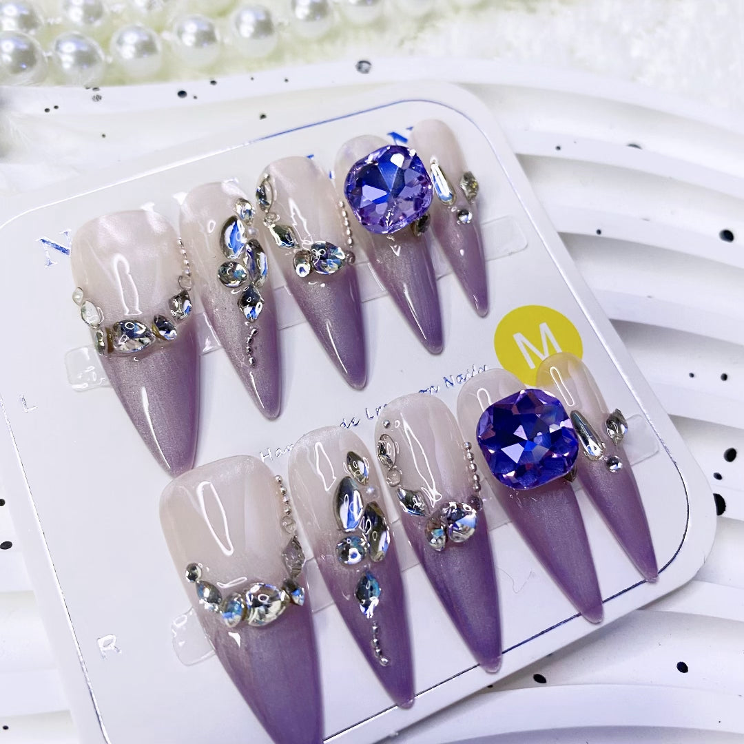 Violet French Press-On Nails Handmade Butterfly Heart K9 Crystal Glam Design