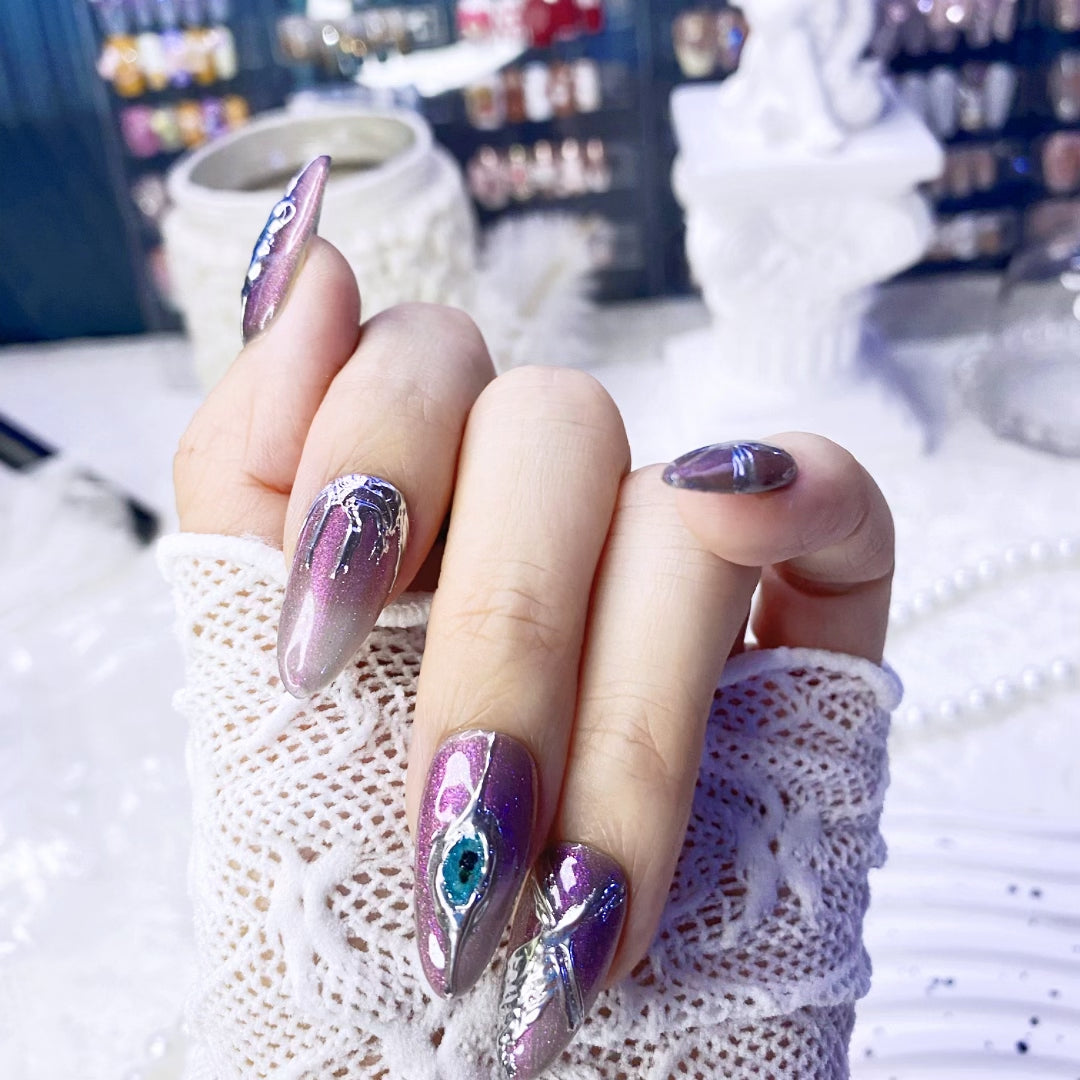 Handmade Press-on Nails Baroque Aurora Transparent Black 3D Metal Shape Almond Nails