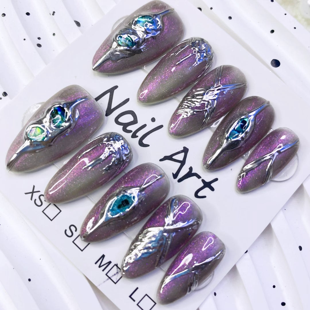 Handmade Press-on Nails Baroque Aurora Transparent Black 3D Metal Shape Almond Nails