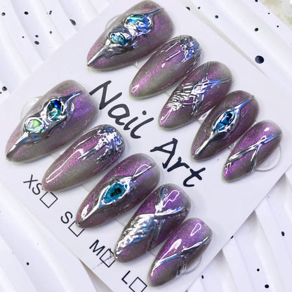 Handmade Press-on Nails Baroque Aurora Transparent Black 3D Metal Shape Almond Nails