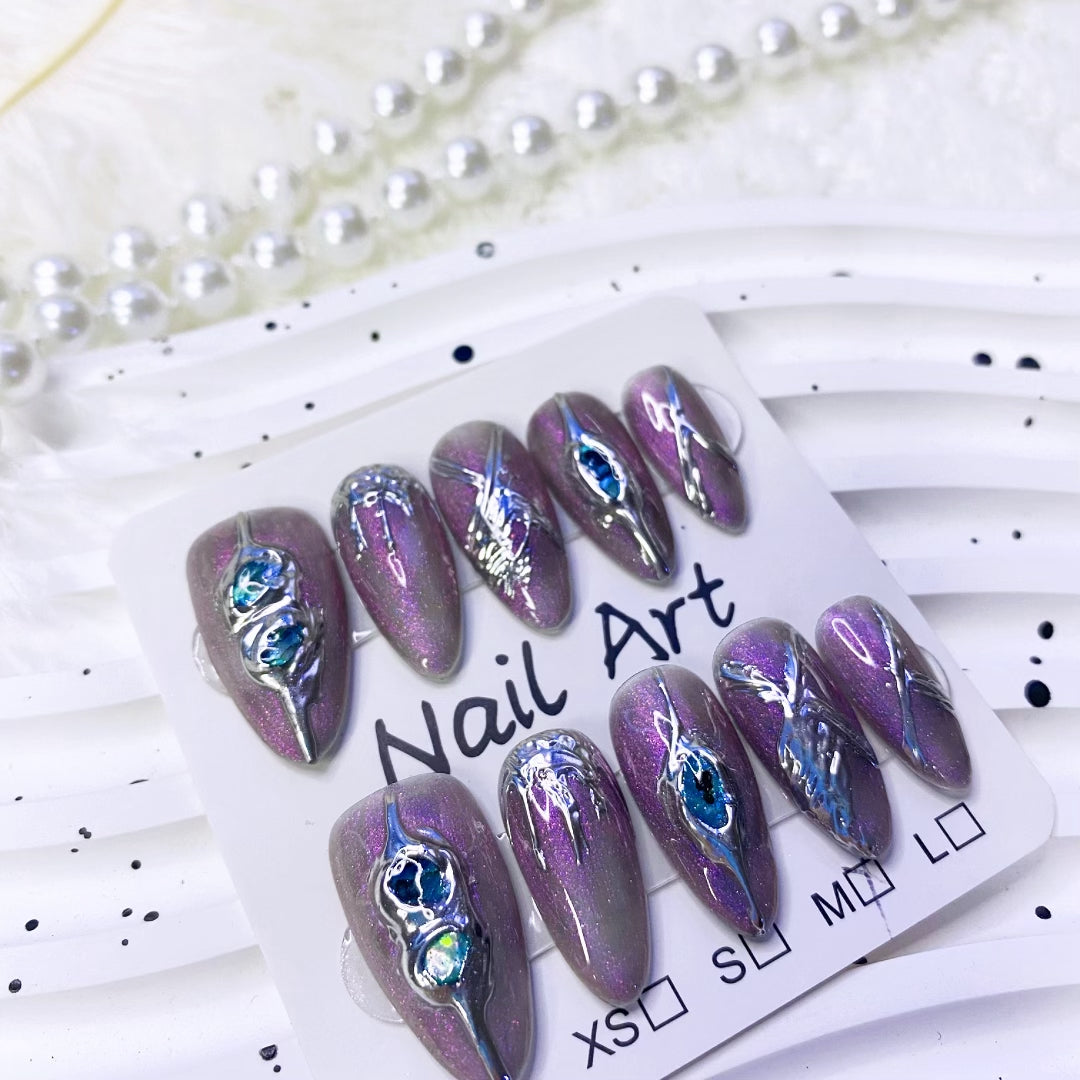 Handmade Press-on Nails Baroque Aurora Transparent Black 3D Metal Shape Almond Nails