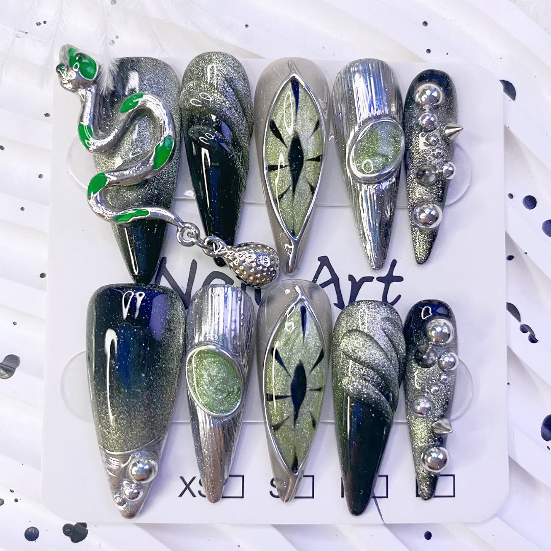Handmade Gothic Slytherin Snake House Green Black Press-On Nails | Stiletto Punk Metal Evil Eye Design