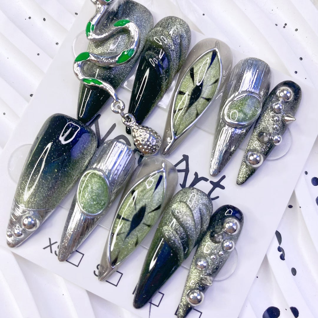Handmade Gothic Slytherin Snake House Green Black Press-On Nails | Stiletto Punk Metal Evil Eye Design