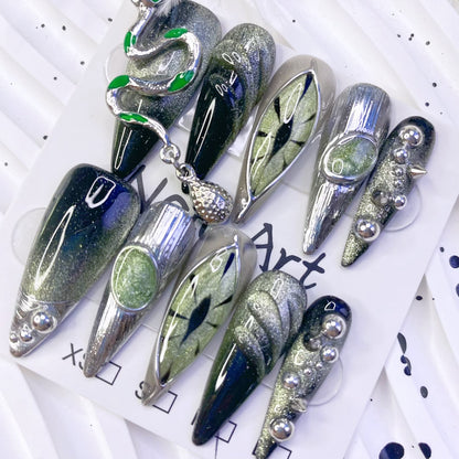Handmade Gothic Slytherin Snake House Green Black Press-On Nails | Stiletto Punk Metal Evil Eye Design