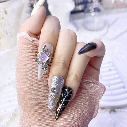 Spicy Long Stiletto Hand-Painted Press-On Nails | Grey Black White Handmade Metal Art Design