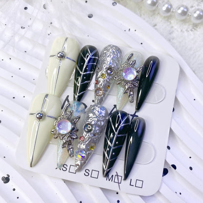 Spicy Long Stiletto Hand-Painted Press-On Nails | Grey Black White Handmade Metal Art Design