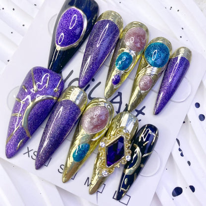 Long-Pointed Purple Press-On Nail ,Light Luxury, Heavy Industry, Irregular Cat-Eye Handmade Nails