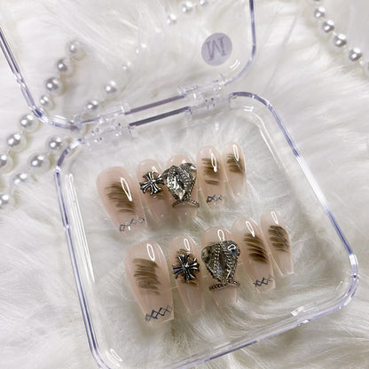 pink diamond cross press on nails