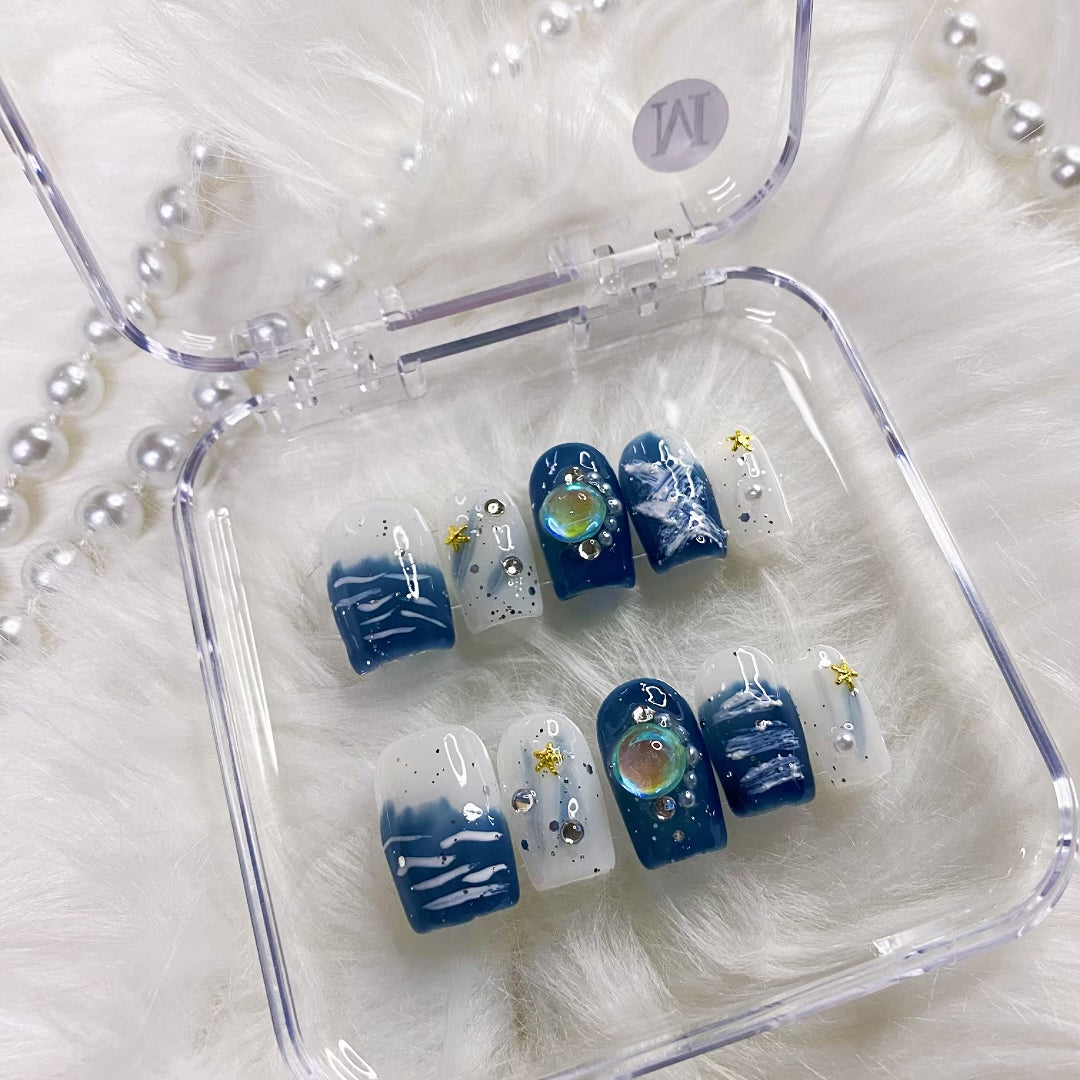 blue starry sky press on nails