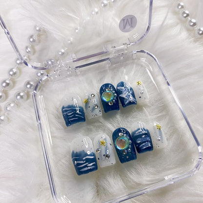 blue starry sky press on nails
