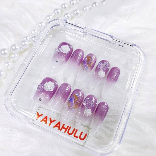 purple camellia press on nails
