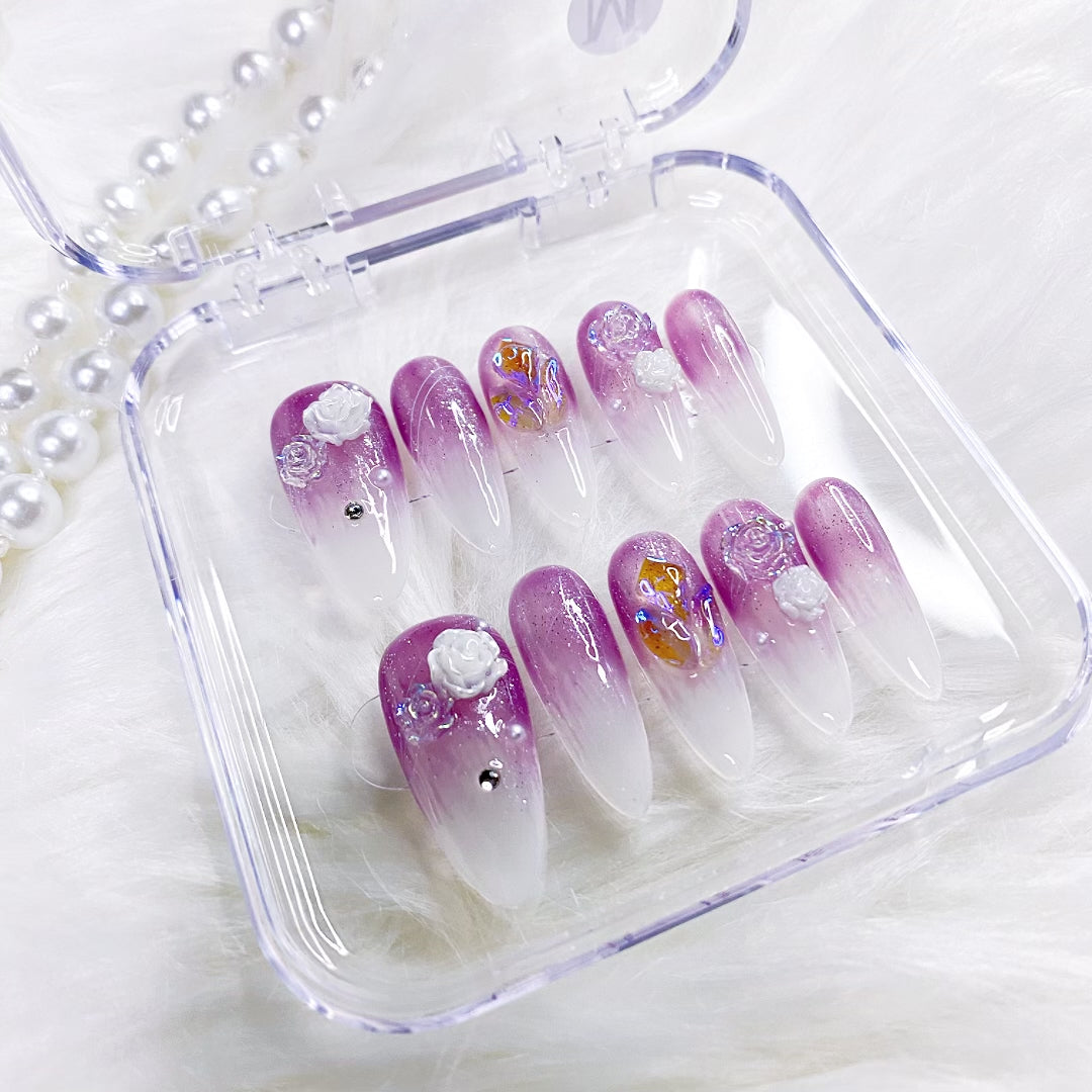 purple camellia press on nails