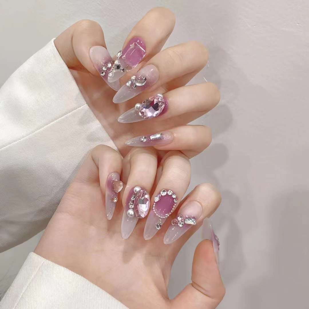 Long Almond Swarovski Heart press on nails