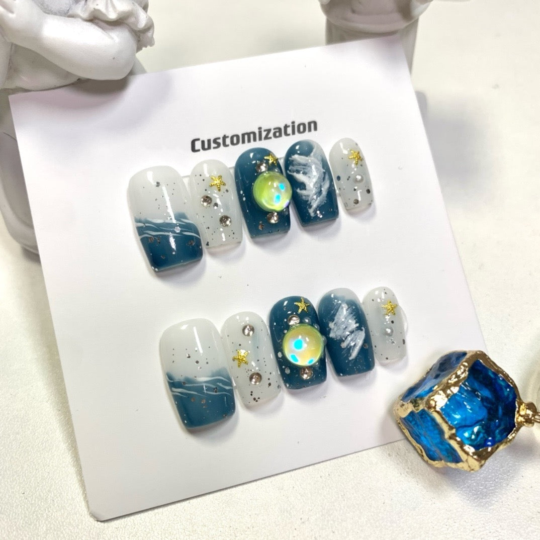 blue starry sky press on nails