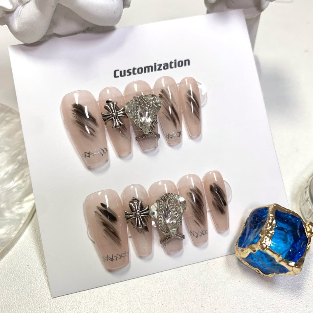 pink diamond cross press on nails