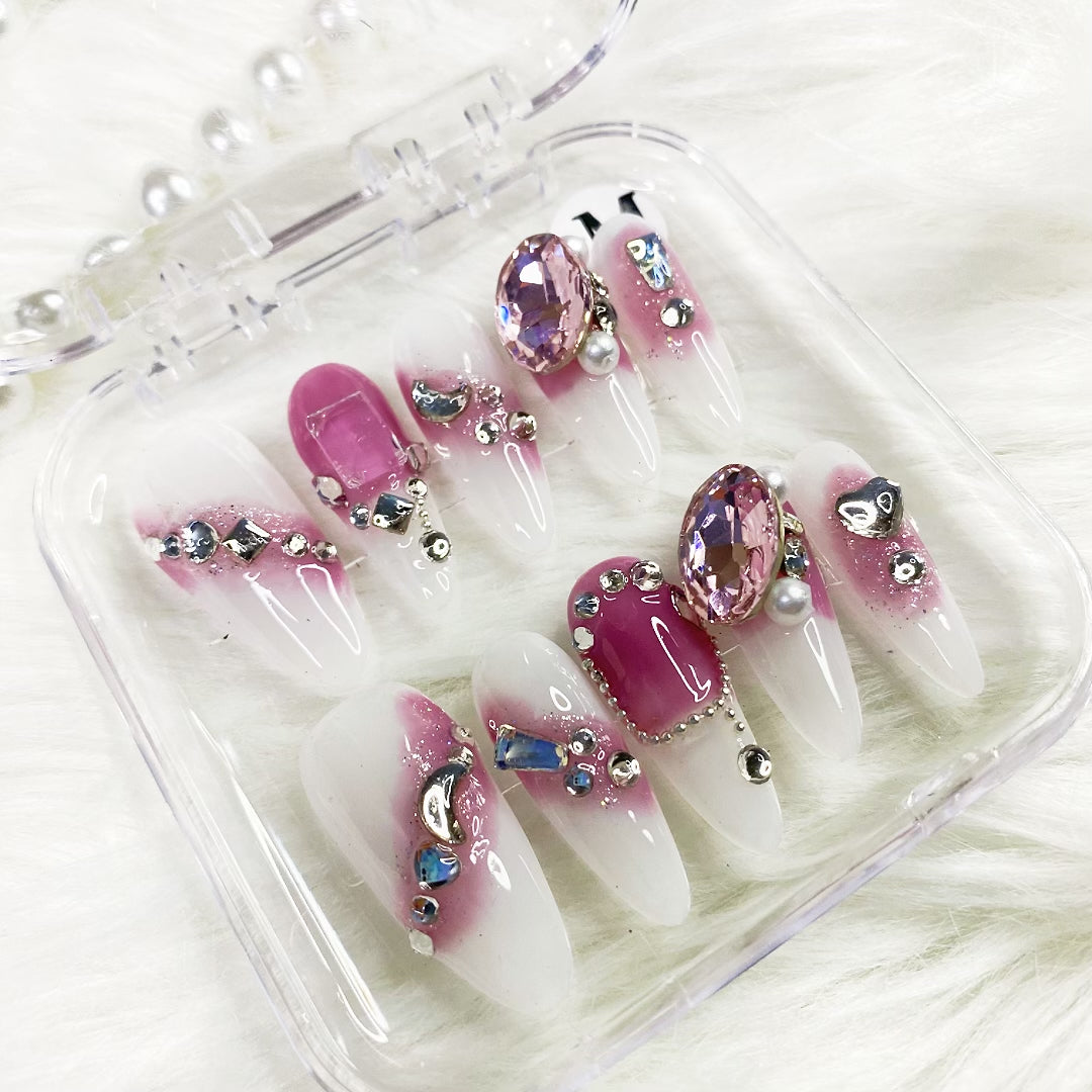 Long Almond Swarovski Heart press on nails