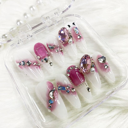 Long Almond Swarovski Heart press on nails