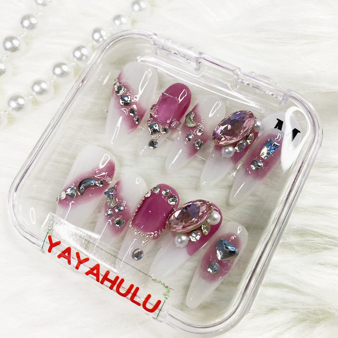 Long Almond Swarovski Heart press on nails