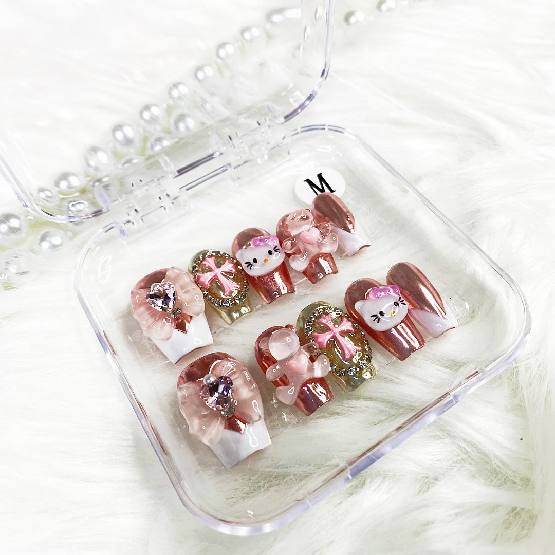 Kitty Press-On Nails | New Design Handmade Nail Art, Cute Fake Nails | Birthday & Holiday Gift for Her