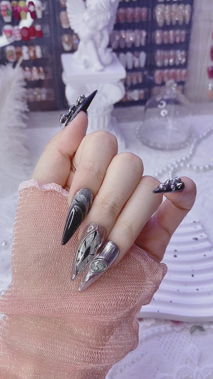 Handmade Gothic Slytherin Snake House Green Black Press-On Nails | Stiletto Punk Metal Evil Eye Design