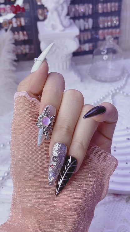 Spicy Long Stiletto Hand-Painted Press-On Nails | Grey Black White Handmade Metal Art Design