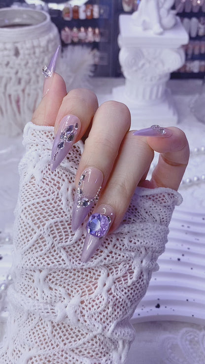 Violet French Press-On Nails Handmade Butterfly Heart K9 Crystal Glam Design
