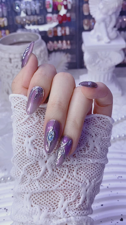Handmade Press-on Nails Baroque Aurora Transparent Black 3D Metal Shape Almond Nails